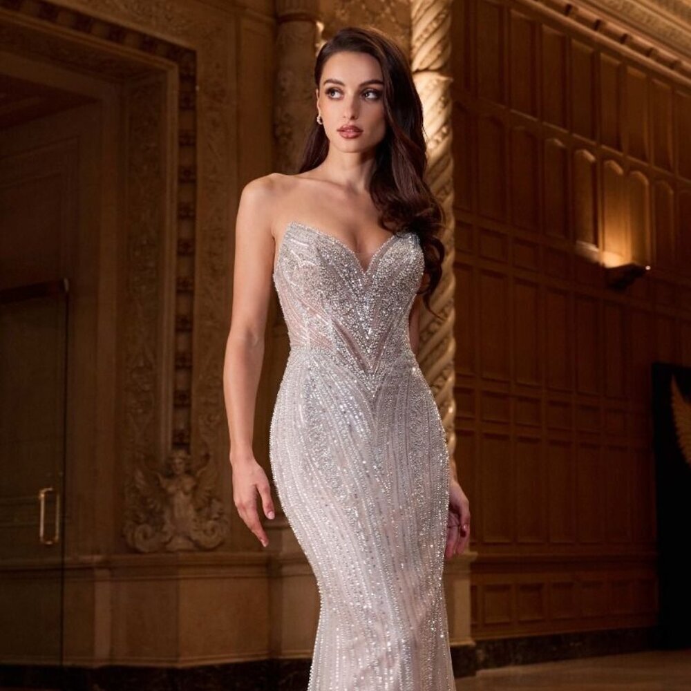 New Elegant Mermaid Strapless Dress w/ V-neckline & Beads Embroidery CC416